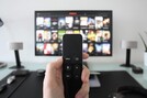 Person holding up a remote controller in front of a TV and speakers.