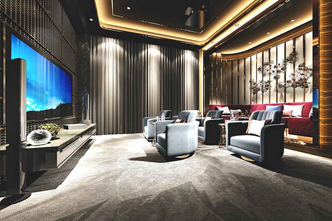 Luxury home theater system with elegant decor.